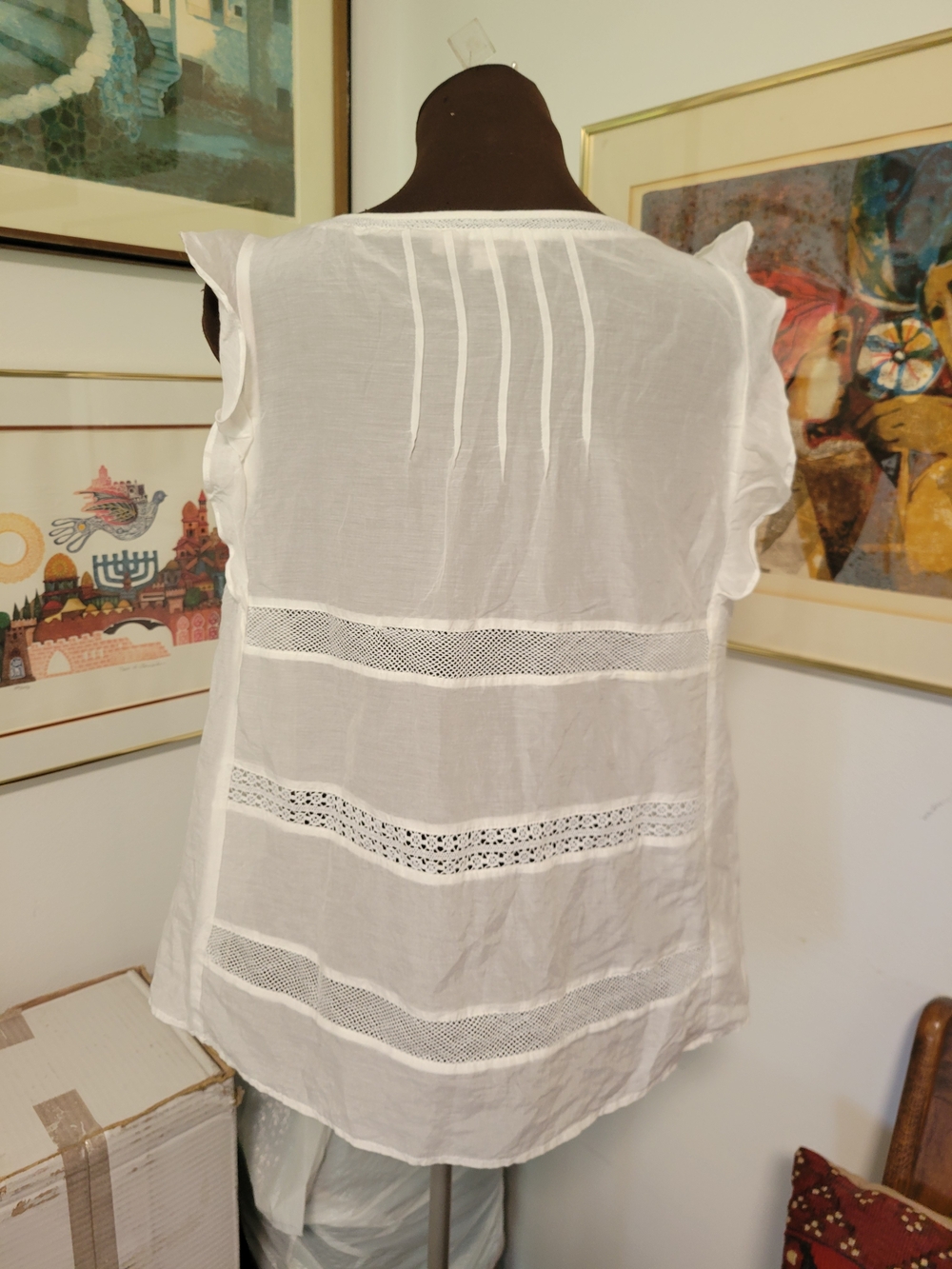 LOFT White Ruffle-Shoulder Lace Inset Top - Picture 2 of 4